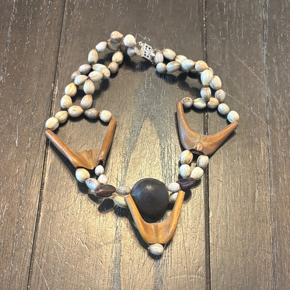 Wooden Beaded Necklace with Black Accents